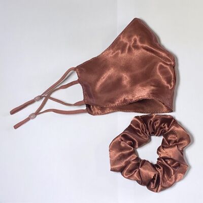 Satin Face mask with scrunchie Chocolate Brown
