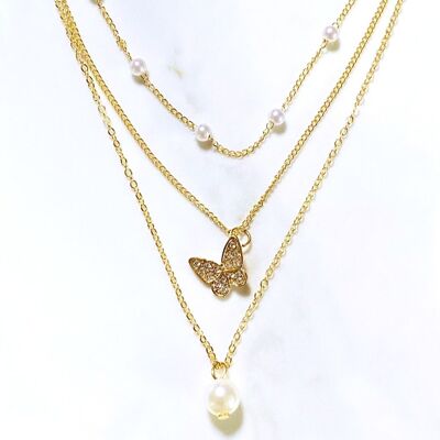 3 Layered Butterfly Pearl Necklace
