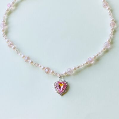 Collier de perles coeur rose