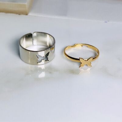 Butterfly Love Ring set (Adjustable) - Silver & Gold