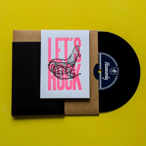 Carte let's rock rose en letterpress