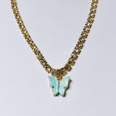 Rhinestone Butterfly Necklace - Greenish Blue