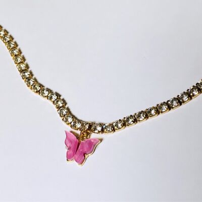 Rhinestone Butterfly Necklace - Pink