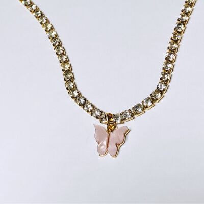 Rhinestone Butterfly Necklace - Baby Pink