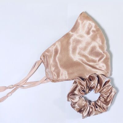 Satin Face mask with scrunchie Beige