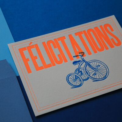 Biglietto tipografico di congratulazioni arancione neon - Triciclo