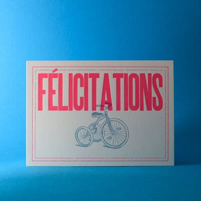 Biglietto tipografico di congratulazioni rosa neon - Triciclo