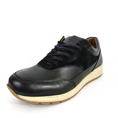 Handcrafted Classic Men's Full-Grain Leather & Suede Trainers in Black