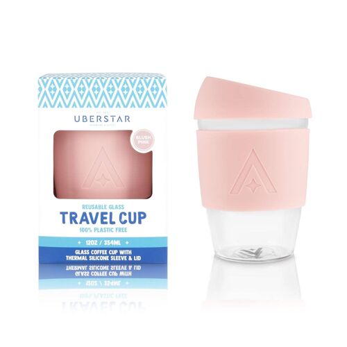 Reusable Glass Travel Coffee Cup - 12oz Blush Pink