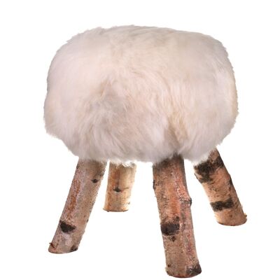 Tabouret Nature en Peau de Mouton avec Pieds Rustiques - Blanc