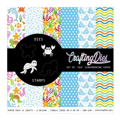 CRAFTING DIES - Set Scrapbooking Paper SEA with Metal Animal Dies and Matching Clear Scrapbooking Stamps - Holiday Scrapbooking Set and Cutting Dies For Card Making
