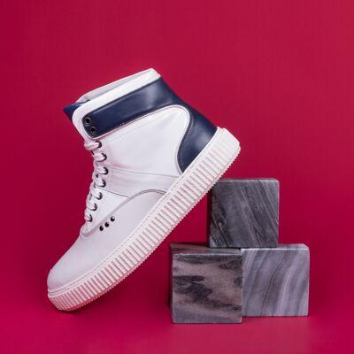 HEAKER matt and varnished white and blue high-top sneakers