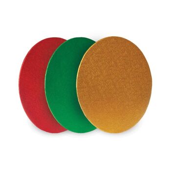 Assortiment de planches rondes dorées, rouges et vertes emballées individuellement 10 po