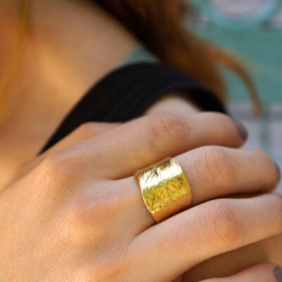 Anillo de hoja de olivo de oro macizo, anillo de banda ancha para mujer y hombre