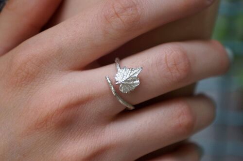 Adjustable,Nature Vine leaf Ring with twig in sterling silver