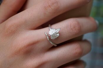 Bague Ajustable Feuille de Vigne Nature avec brindille en argent sterling 1