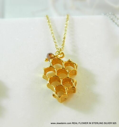 Bee necklace,Real honeycomb in sterling silver.7-Hexagon