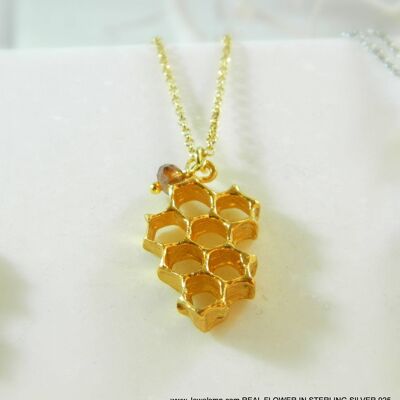 Bee necklace,Real honeycomb in sterling silver.7-Hexagon