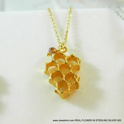 Collier abeille, véritable nid d'abeille en argent sterling.7-Hexagone