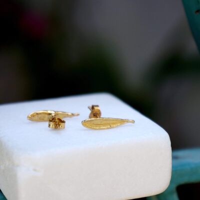 Solid Gold mini Leaf Earrings, Small Real Olive Leaf studs