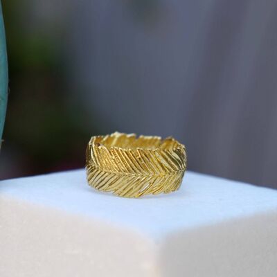 Massivgold breiter Ring Mimosenblattring für Damen und Herren