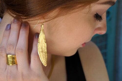 Statement Solid Gold, Real leaf earrings for women. Long Oli