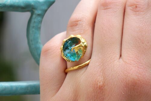 Real Sea Shell and Murano glass Ring for Women, Gold plated