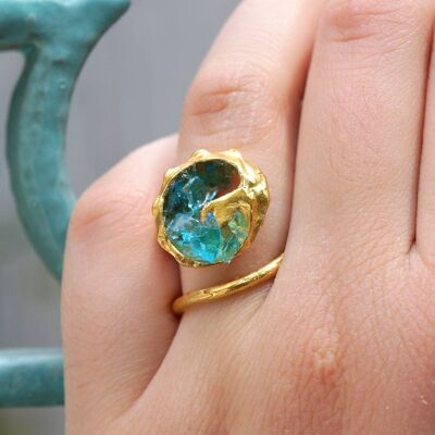 Real Sea Shell and Murano glass Ring for Women, Gold plated