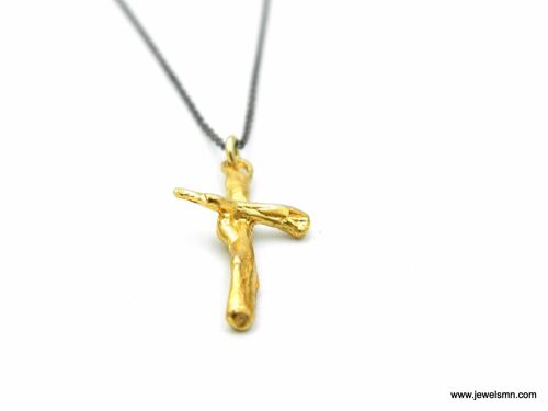 Branches 9k Solid Gold Cross Pendant with black rhodium plated sterling silver chain.