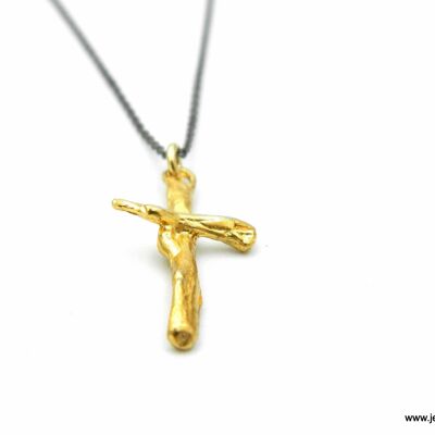 Branches 9k Solid Gold Cross Pendant with black rhodium plated sterling silver chain.