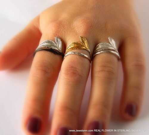 Real Rose Leaf, Sterling Silver Ring in Gold Silver.