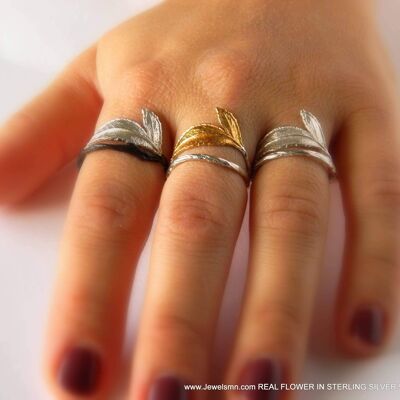 Real Rose Leaf, Sterling Silver Ring in Gold Silver.