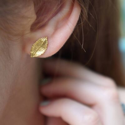 Gold stud earrings leaf, Mini Rose leaf Earrings 14k Gold on
