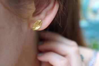 Boucles d'oreilles en or feuille, Mini Boucles d'oreilles en feuille de rose en or 14 carats sur 1