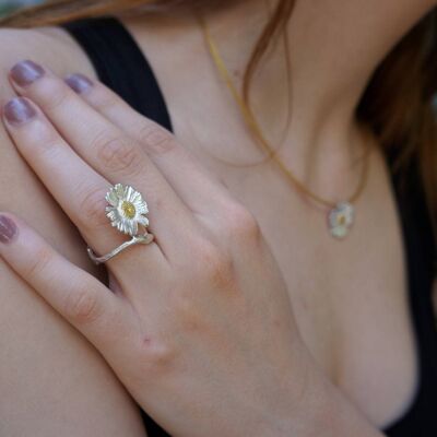 Flower Ring twig Chamomile plant in Sterling Silver