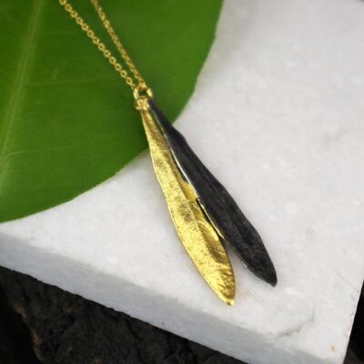 Bijoux Collier pendentif Plante, Feuilles d'Olivier Or & Noir Rh