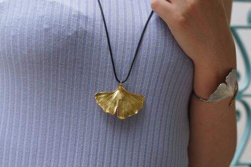 Ginkgo Biloba Leaf Pendant Necklace 14k Gold on sterling