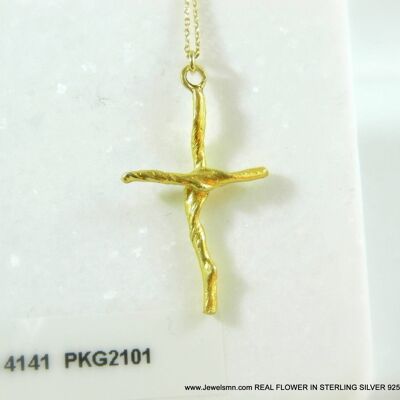 Large cross pendant necklace From real Olive tree Branch, 14