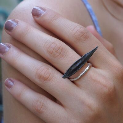 Adjustable Olive Leaf Ring in Rhodium Black.