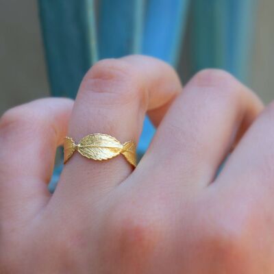 Real Gold Rose Leaf Ring for Women, minimalist nature inspir