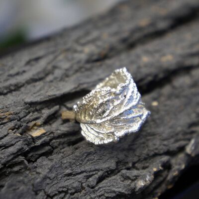 Anillo de hoja de plata con flor silvestre real, anillo de plata esterlina, ancho