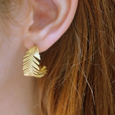 Boucles d'oreilles créoles en or massif pour femmes. Mimosa - Plante d'acacia
