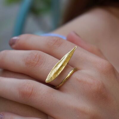 Solid Gold Olive Leaf and branch statement Ring for Women. U