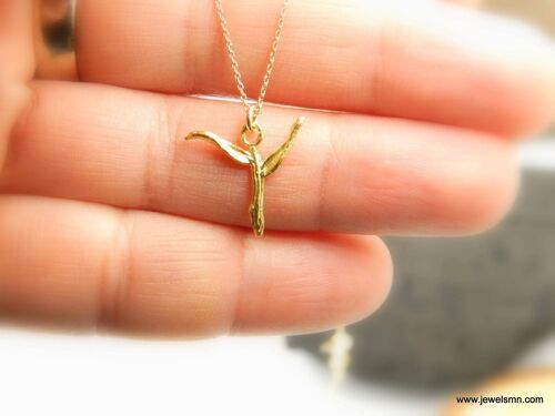 Cross necklace Branch Angel on Chain Necklace. 14k Gold