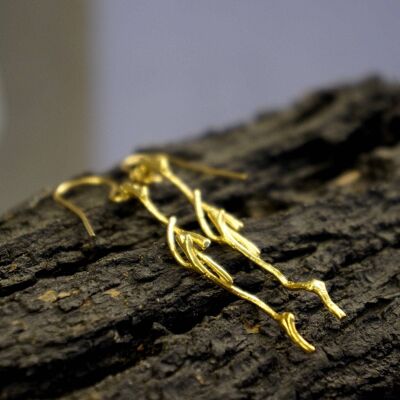 Boucles d'oreilles véritables brindilles de jasmin en argent sterling, plaqué or.