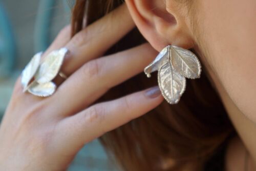 Sterling silver Rose plant leaf Earrings for Women.