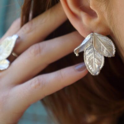 Sterling silver Rose plant leaf Earrings for Women.