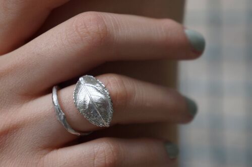Real Rose branch & Leaf Ring in sterling silver.