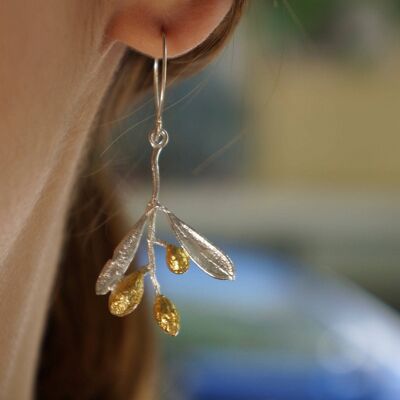 Argent massif Olivier, Branche, feuilles et fruits Earrin