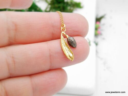 Dainty gold necklace with chain. Real Olive leaf and fruit